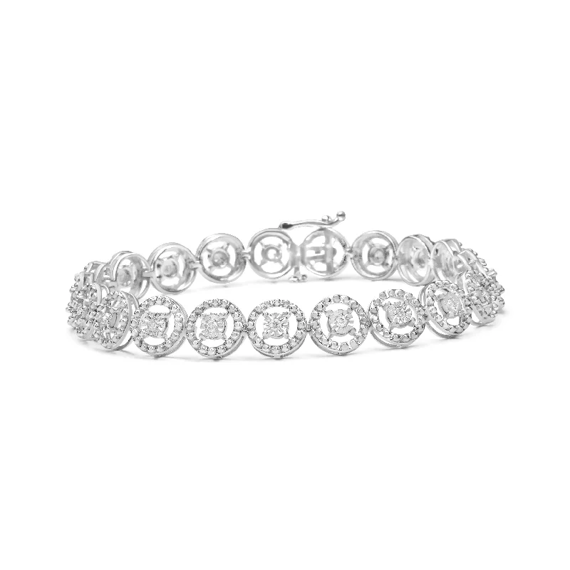 .925 Sterling Silver 1/2 Cttw Diamond Nested Circle Miracle Set Open Wheel 7" Fashion Link Bracelet