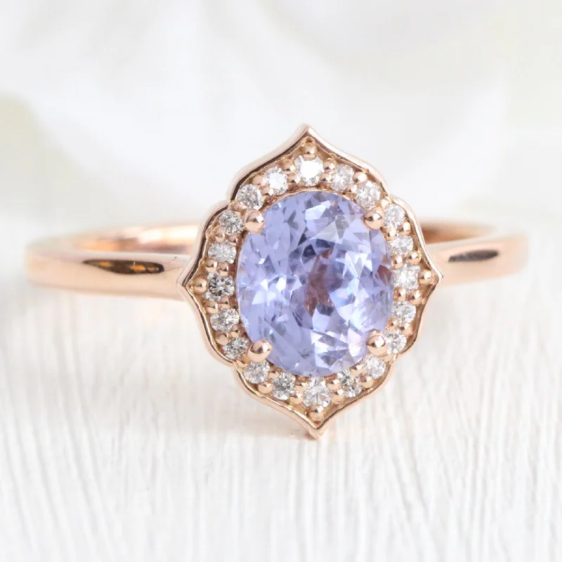 1.67 Ct Oval Lavender Sapphire Ring in 14k Rose Gold Vintage Floral Diamond, Size 6.5