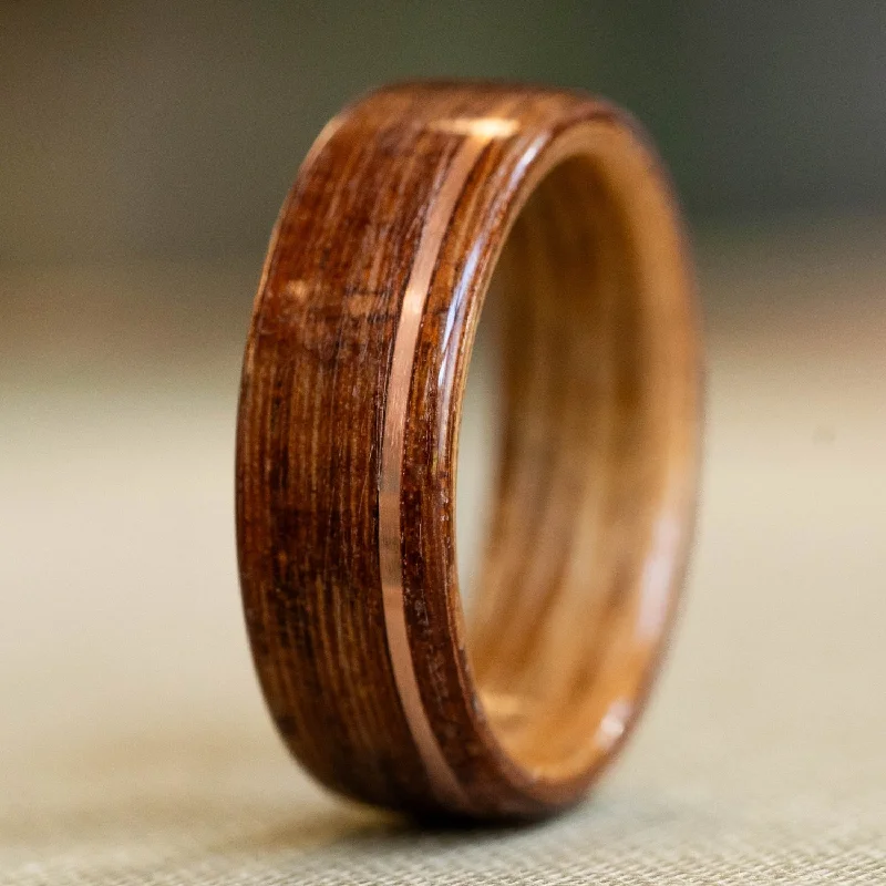 (In-Stock) Iroko Teak Wood Ring with Natural Whiskey Barrel Liner & Offset Copper Inlay - size 9.5 | 8mm wide