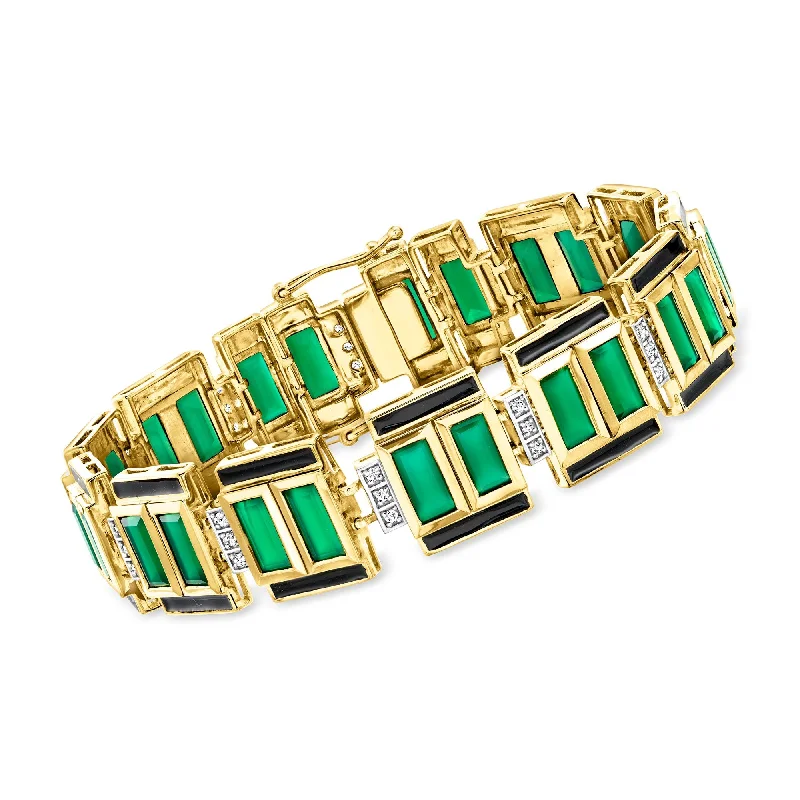 Ross-Simons Green Chalcedony and . White Topaz Bracelet With Black Enamel in 18kt Gold Over Sterling