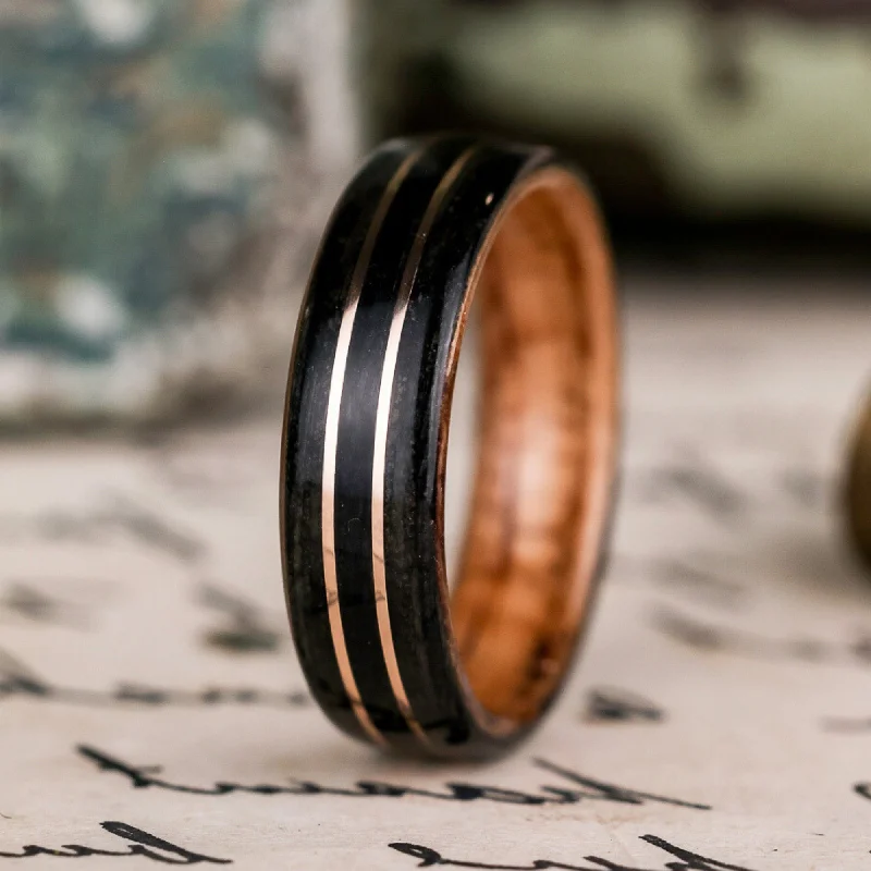 (In-Stock) Custom Whiskey Wood Wedding Band with Chestnut Liner & Dual Bronze Inlays - Size 13.25 | 7mm Wide