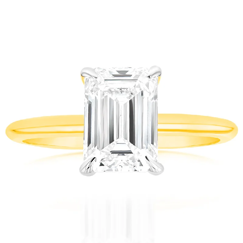 bridal set engagement rings -Luminesce Lab Grown Certified 2 Carat Diamond Emerald Cut Engagement Ring in 18ct Yellow Gold