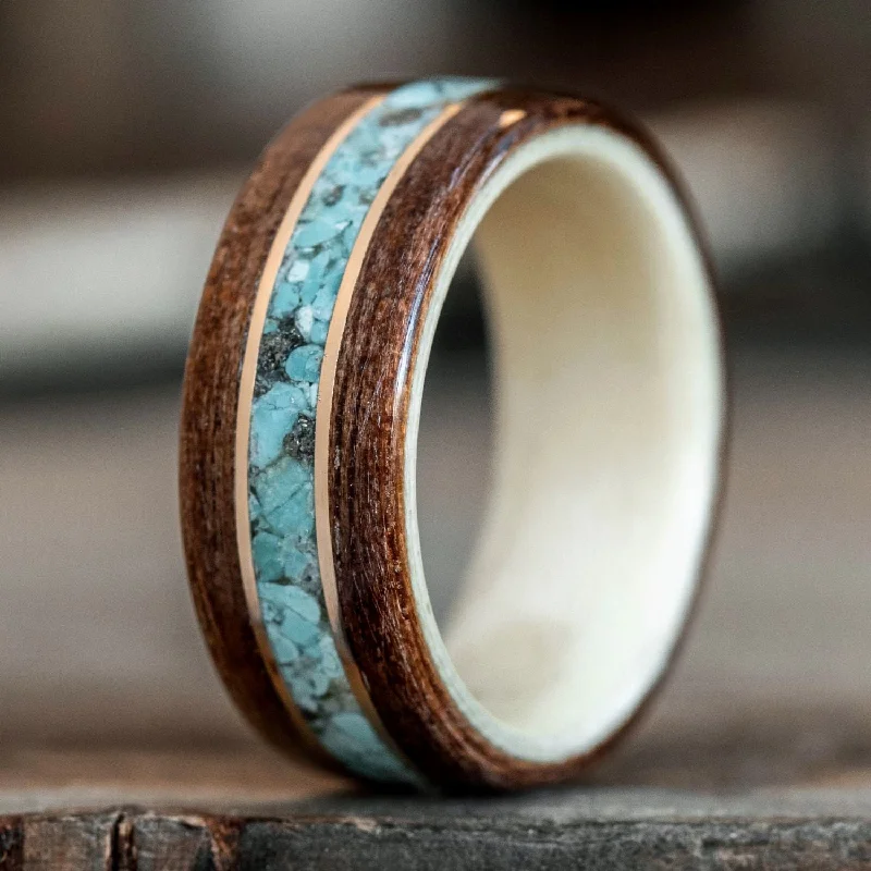 (In-Stock) Antique Walnut Wood Ring, Holly Liner, Center Turquoise & Dual Yellow Gold - Size 7 | 8mm Wide