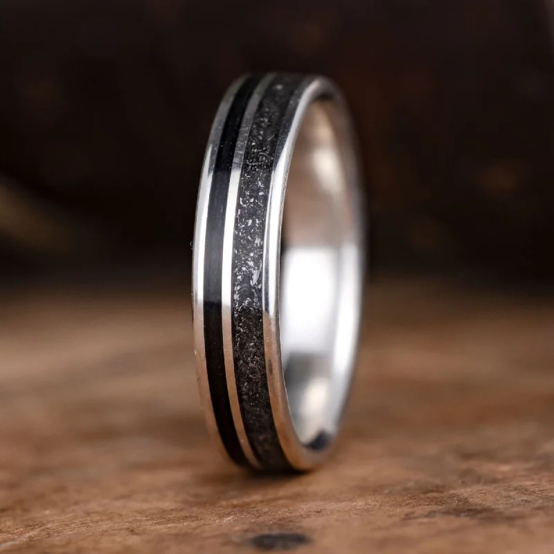 (In-Stock) The Dark Star in Silver | Men's Whiskey Barrel & Meteorite Sterling Silver Wedding Band - Size 9.25 | 5mm