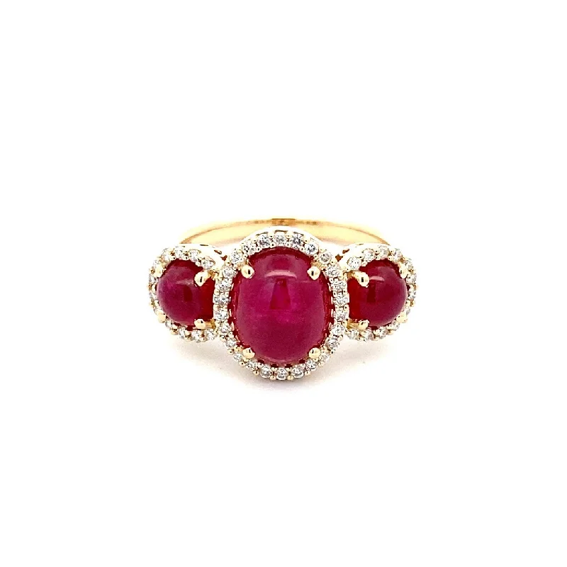 14K Yellow Gold 4.20ctw Lovefirel Ruby & Diamond Halo Three Stone Ring