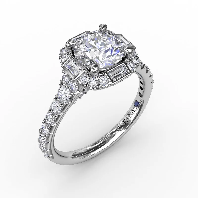 personalized engagement rings -Cushion Shaped Diamond Halo Engagement Ring With Baguettes