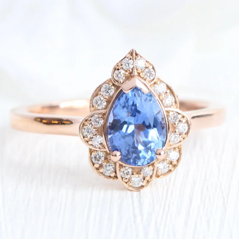 Pear Cut Ceylon Blue Sapphire Ring in 14k Rose Gold Vintage Floral Diamond, Size 6.5