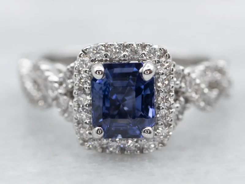 designer engagement rings -White Gold Sapphire Engagement Ring with Diamond Halo and Diamond Shoulders