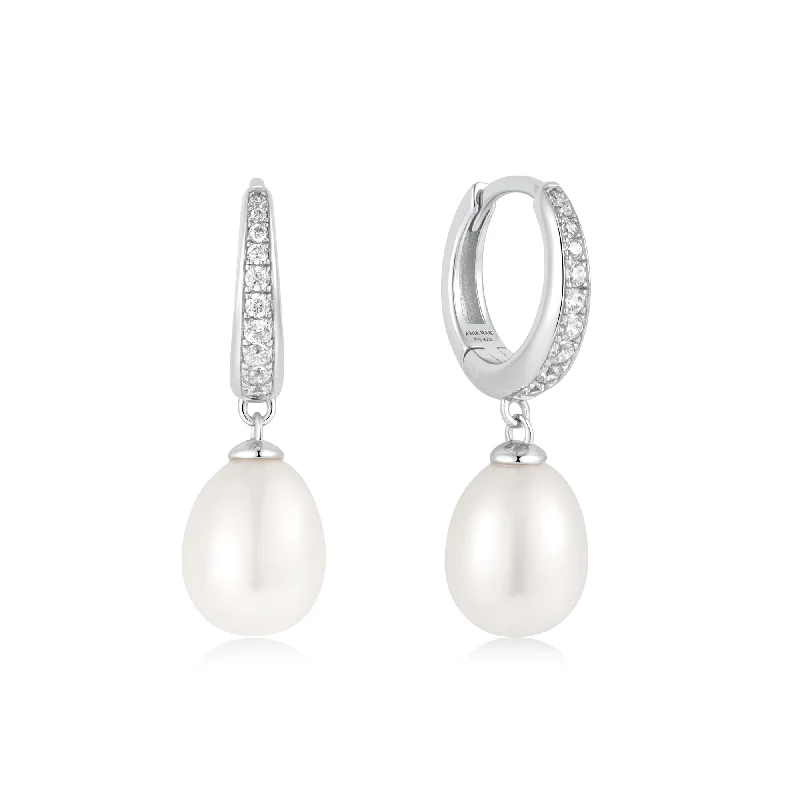 Silver Freshwater Pearl and White Cubic Zirconia Pave Drop Huggies