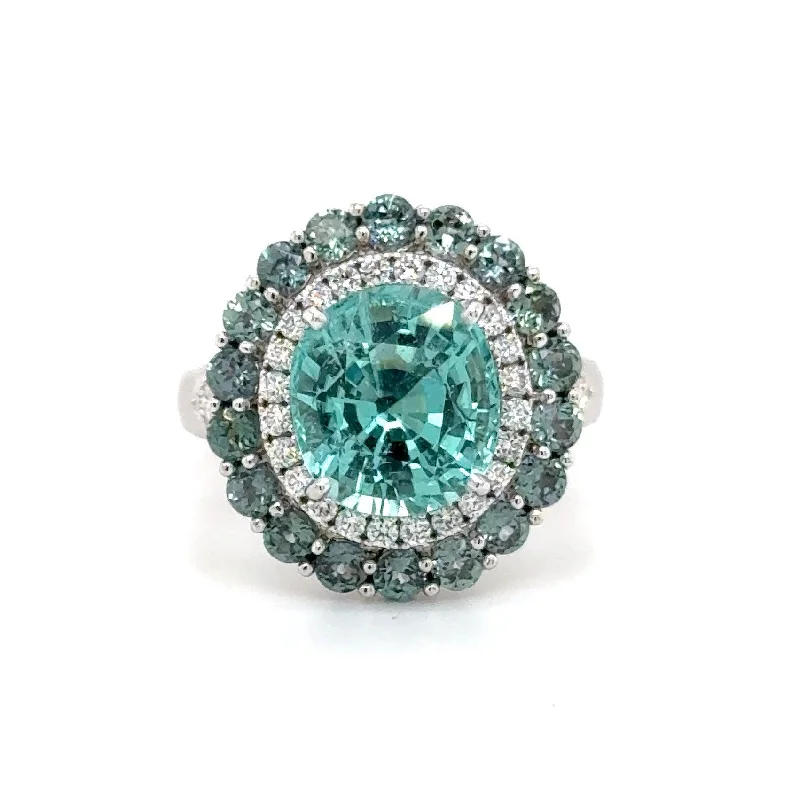 18K White Gold 4.30ct Cushion Cut Paraiba-Type Tourmaline and Natural Alexandrite Ring