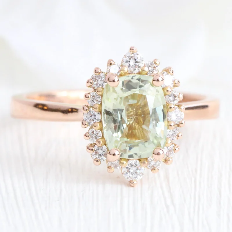 1.82 Ct Light Green Sapphire Ring in 14k Rose Gold Tiara Halo Diamond, Size 6.5