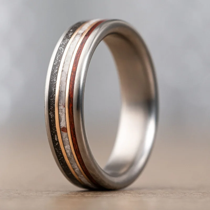 (In-Stock) Custom Men's Titanium Wedding Band with Meteorite, Bloodwood, Oyster Shells & Dual Bronze Inlays - Size 11 | 6mm Wide