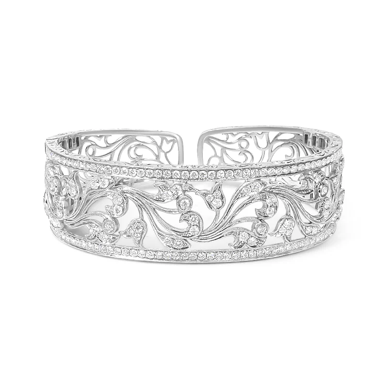 18K White Gold 3 1/4 Cttw Pave Diamond Openwork Floral Filigree Swirl Bangle Cuff Bracelet