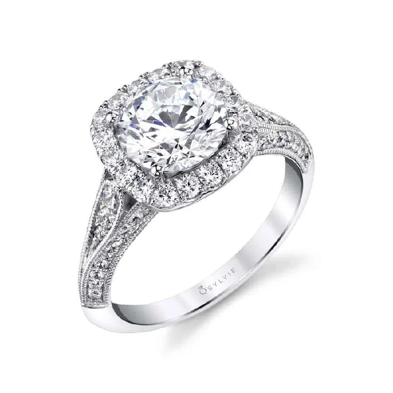 custom-designed engagement rings -Sylvie Collection 14K White Gold Round Halo Engagement Ring Setting