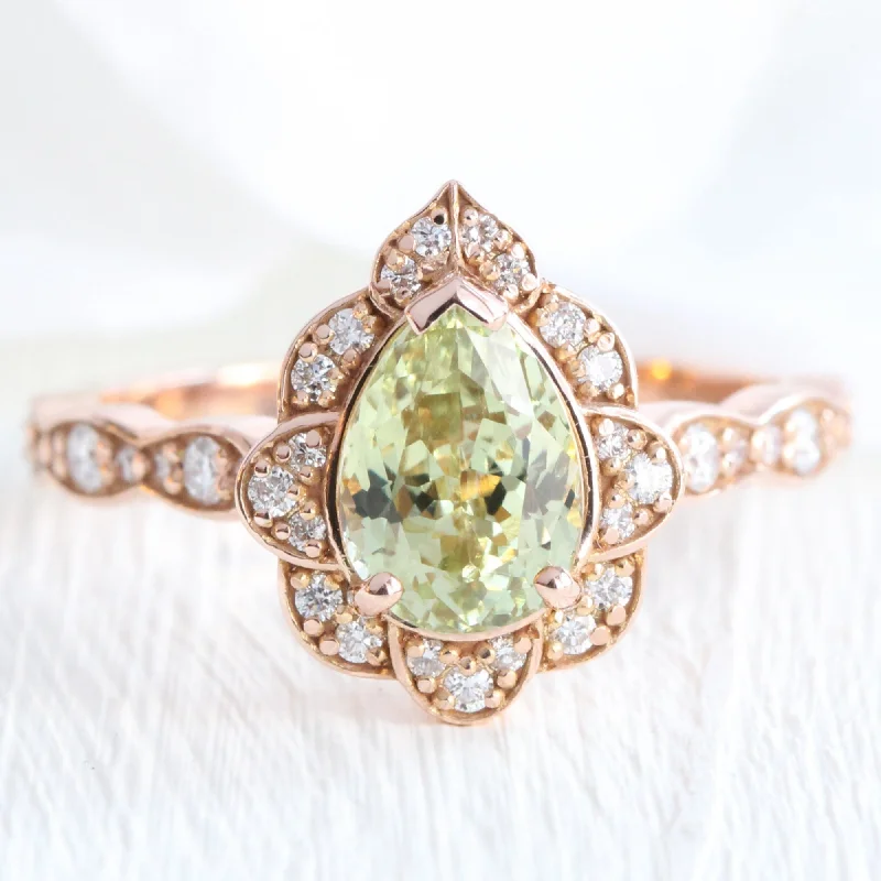 2.16 Ct Sea-Foam Green Sapphire Ring in 14k Rose Gold Vintage Floral Diamond, Size 6.5