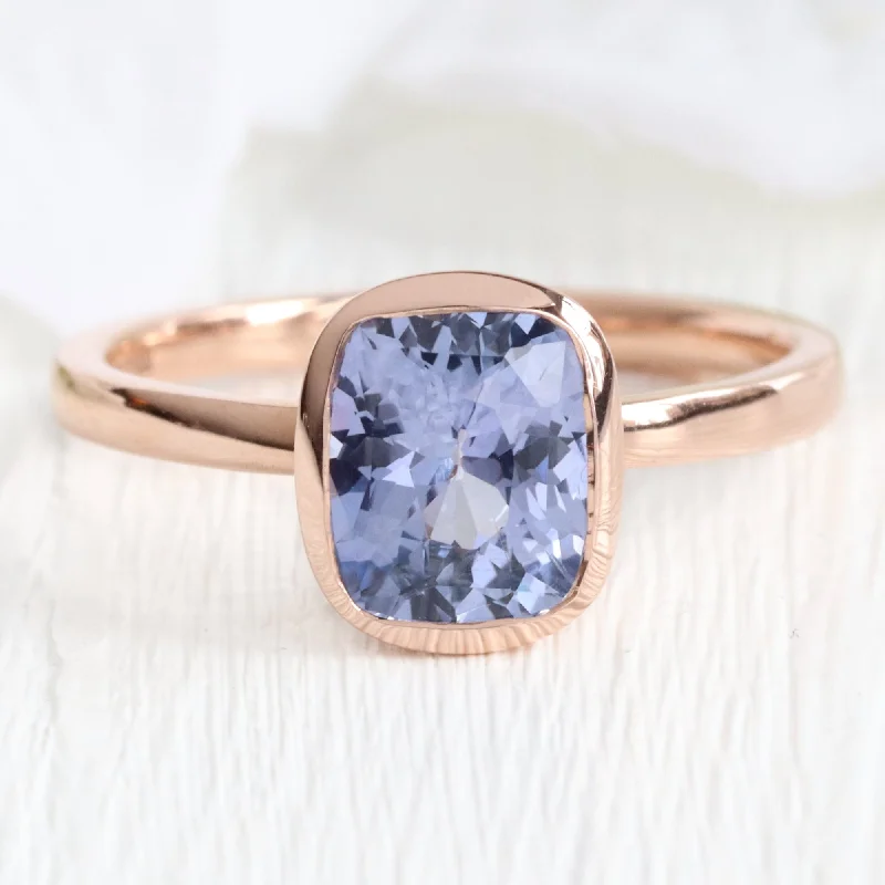 2.03 Ct Large Violet Purple Sapphire Ring in 14k Rose Gold Cushion Bezel Ring, Size 6.25