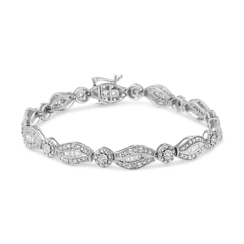 .925 Sterling Silver 1 cttw Diamond Double Leaf and Bezel Link Bracelet