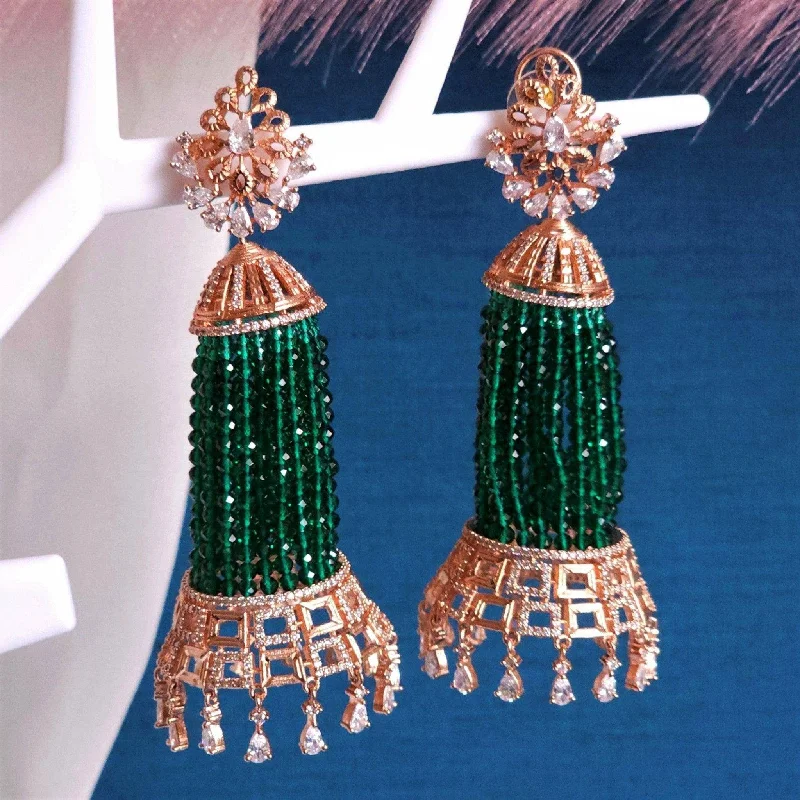 Munira Rose Gold AD Pearl Jhumka Earrings Green