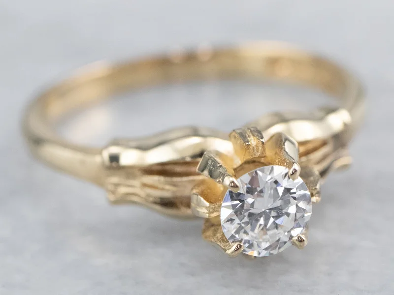 two-tone engagement rings -Floral Diamond Gold Solitaire Engagement Ring