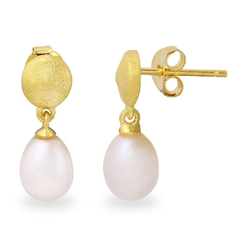 Silver 925 Matte Finish Gold Plated Disc with Hanging Fresh Water Pearl Earrings - BGE00483