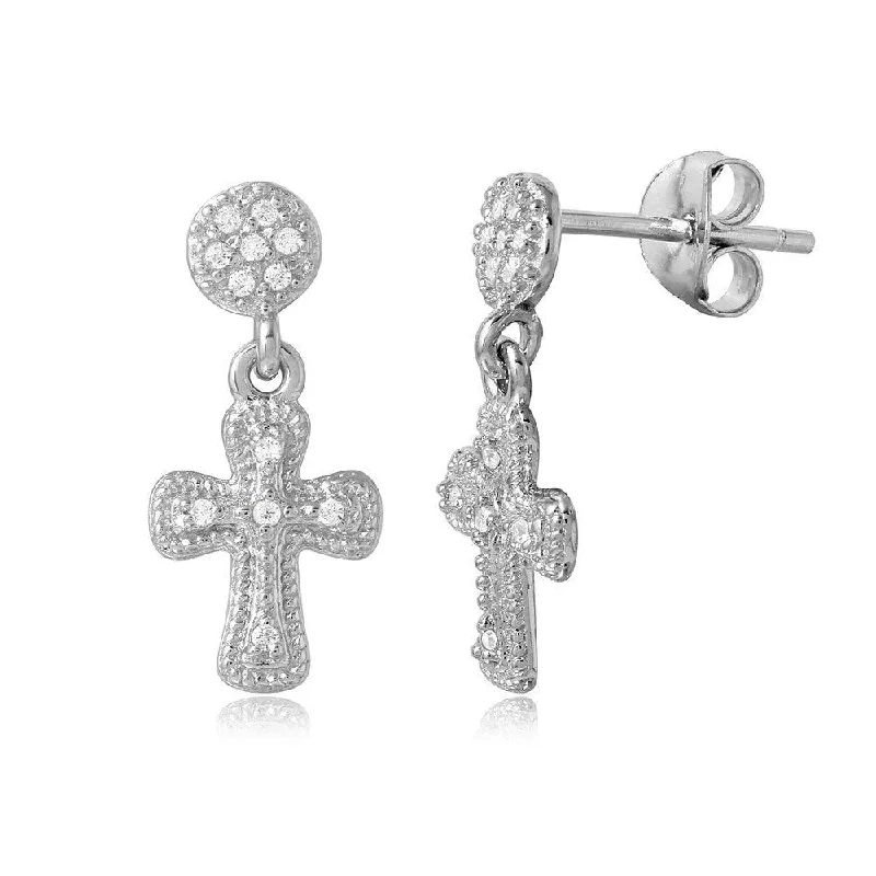 Silver 925 High Polished Hanging Cross CZ Earrings - BGE00486SP