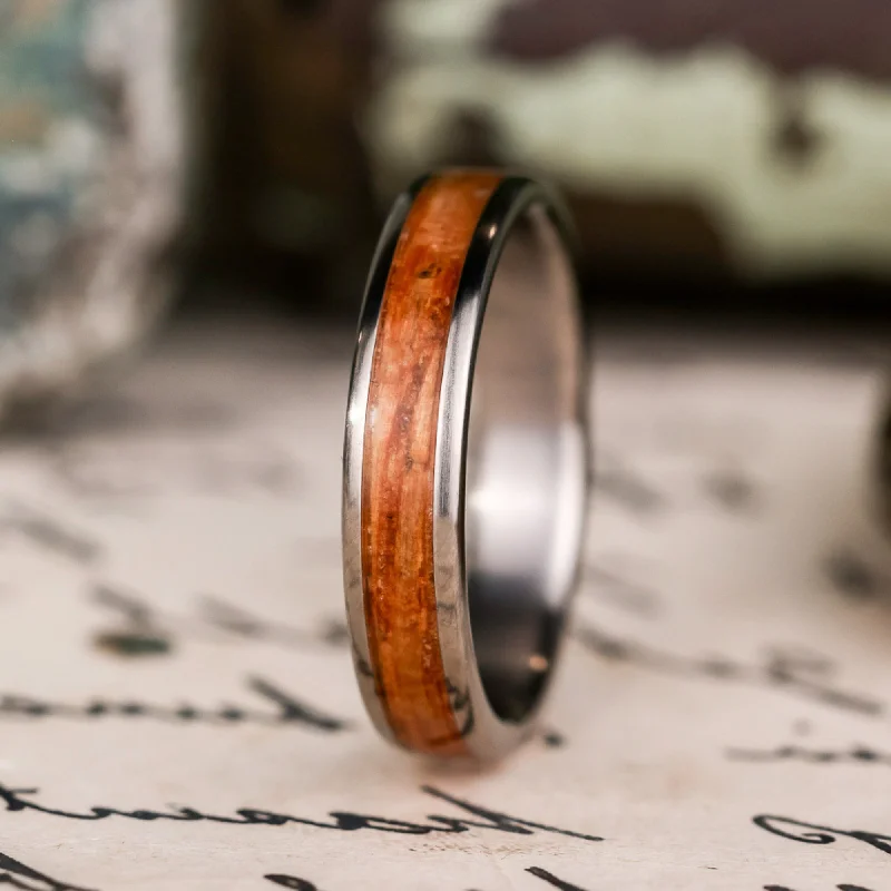 (In-Stock) The Angel's Share | Men's Titanium Wedding Band with Whiskey Barrel Wood - Size 12 | 5mm Wide