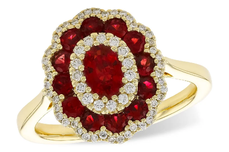 14K Yellow Gold 1.52ctw Oval Ruby & Diamond Flower Halo Ring by Allison Kaufman