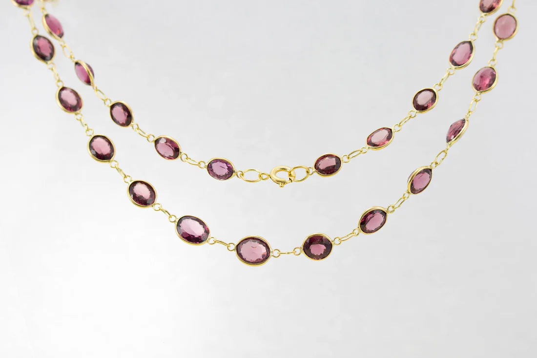 heart-shaped necklaces for women -9ct Yellow Gold Garnet Graduated Line Necklace