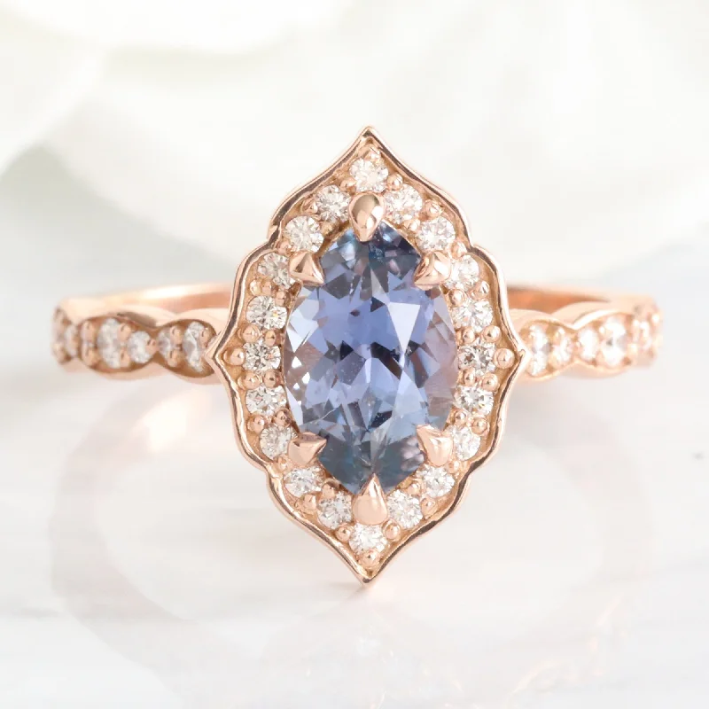 Marquise Bluish Purple Sapphire Ring in 14k Rose Gold Vintage Floral Diamond, Size 6.5