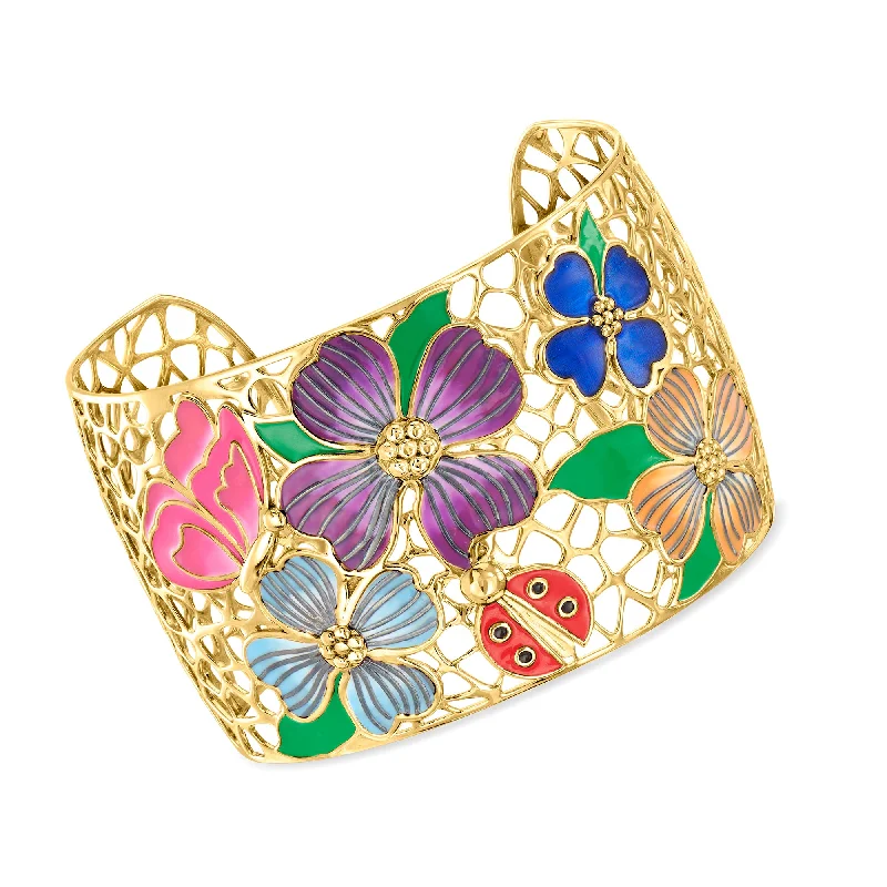 Ross-Simons Multicolored Enamel Floral Filigree Cuff Bracelet in 18kt Gold Over Sterling