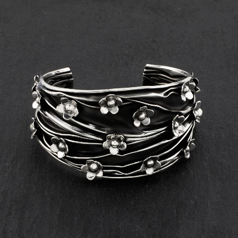 Wide Artisanal Sterling Silver Floral Cuff Bracelet