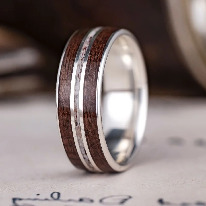 (In-Stock) The Stag in Silver | Men's Silver Elk Antler Wedding Band with Walnut Wood - Size 8.25 | 8mm Wide