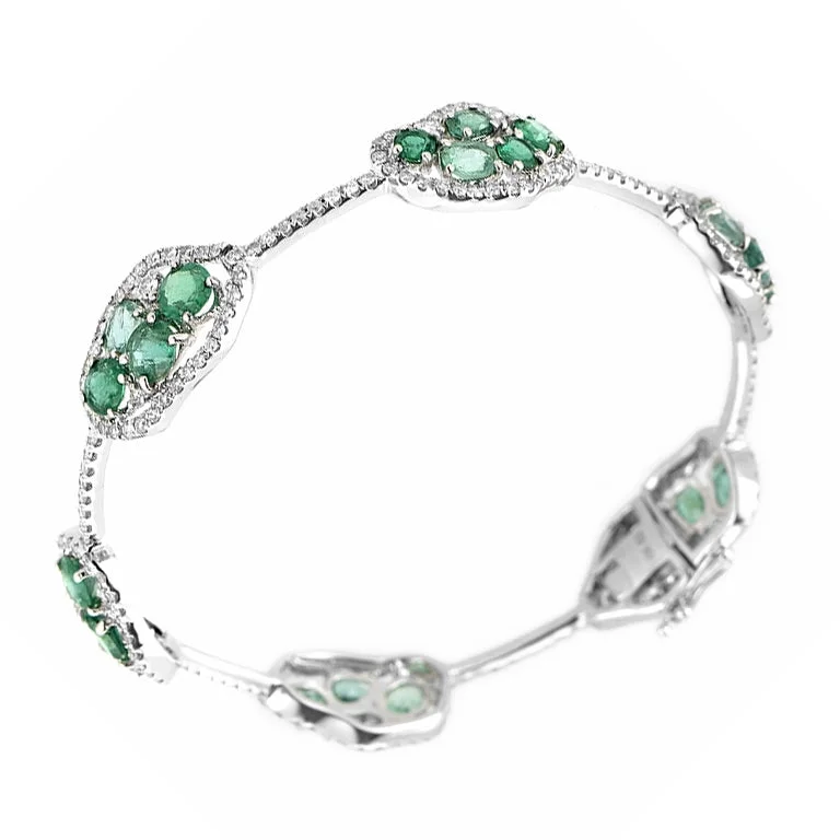 Single Row 18K White Gold Diamond and Emerald Bangle