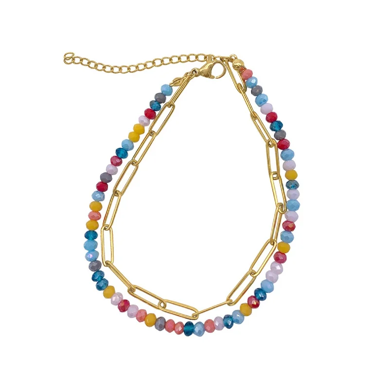 14k Gold Plated Multi Color Bead and Paper Clip Chain Double Bracelet