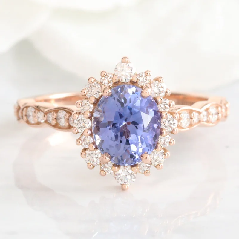 2.25 Ct Oval Lavender Sapphire Ring in 14k Rose Gold Tiara Halo Diamond, Size 6.5