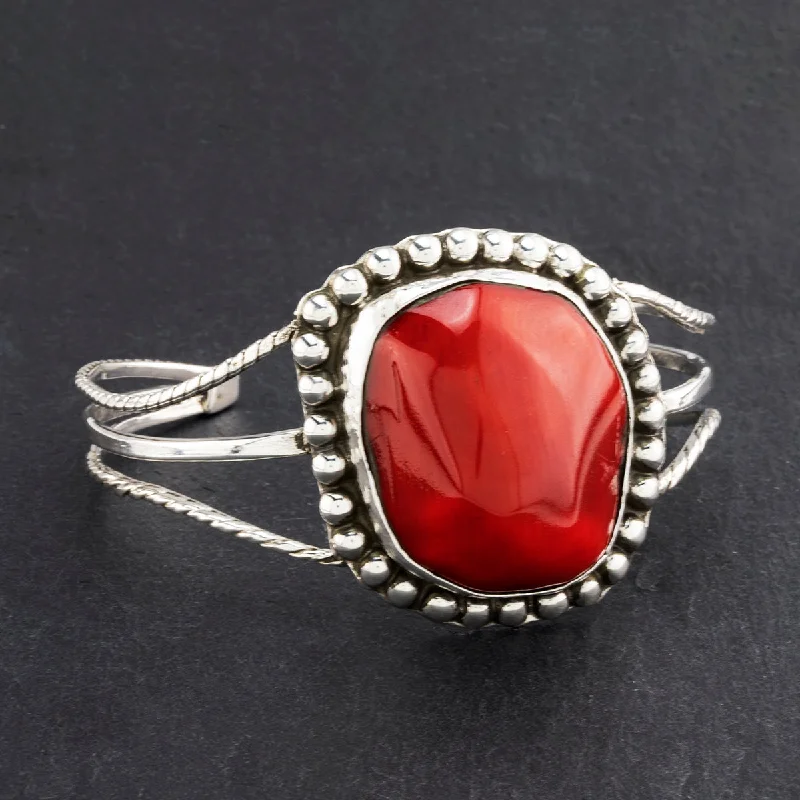 Chunky Silver and Red Coral Stone Cuff Bracelet