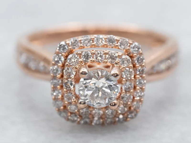 classic princess cut engagement rings -Modern Rose Gold Diamond Engagement Ring with Double Diamond Halo