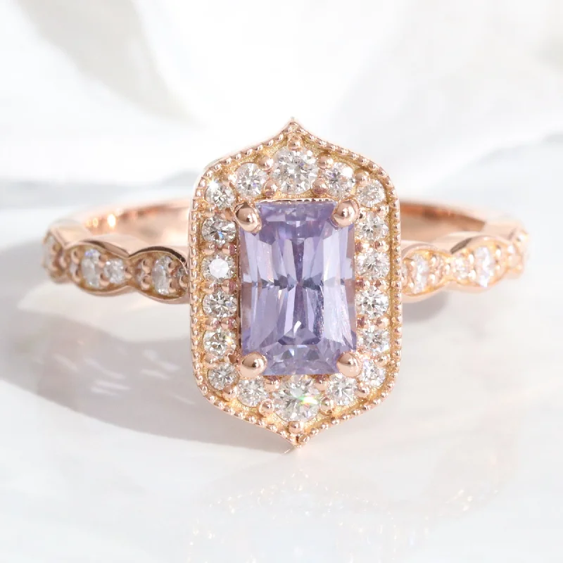 1.78 Ct Emerald Cut Lavender Sapphire Ring in 14k Rose Gold Vintage Floral Ring, Size 6.5