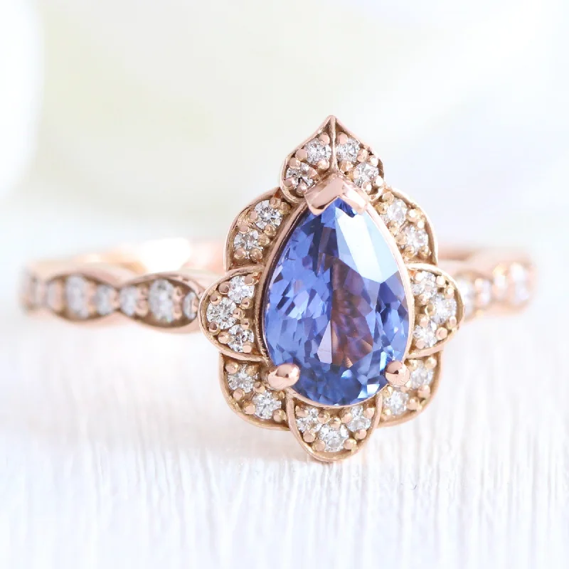 1.65 Ct Bluish Purple Sapphire Ring in 14k Rose Gold Vintage Floral Diamond, Size 6.25