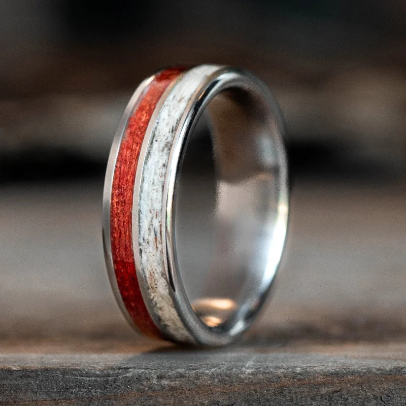 (In-Stock) The Susan | Women's Titanium Wedding Band with Bloodwood and Elk Antler - Size 7 / 6mm Wide