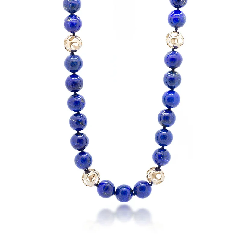 bridal shower necklaces for women -Lapis Lazuli Necklace with Hollowed Gold Spheres