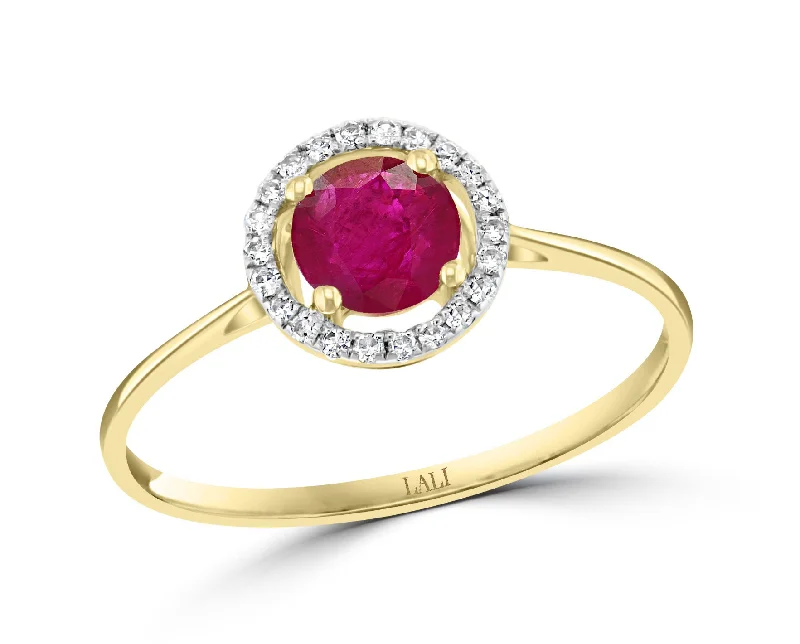 14K Yellow Gold 0.72ctw Round Ruby & Diamond Halo Ring