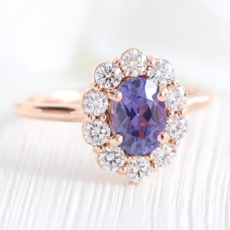 1.79 Ct Oval Purple Sapphire Ring in 14k Rose Gold Large Halo Diamond, Size 6.5