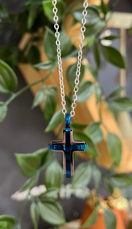 handcrafted necklaces for women -Unique & Co Stainless Steel Cross Blue IP Pendant Necklace