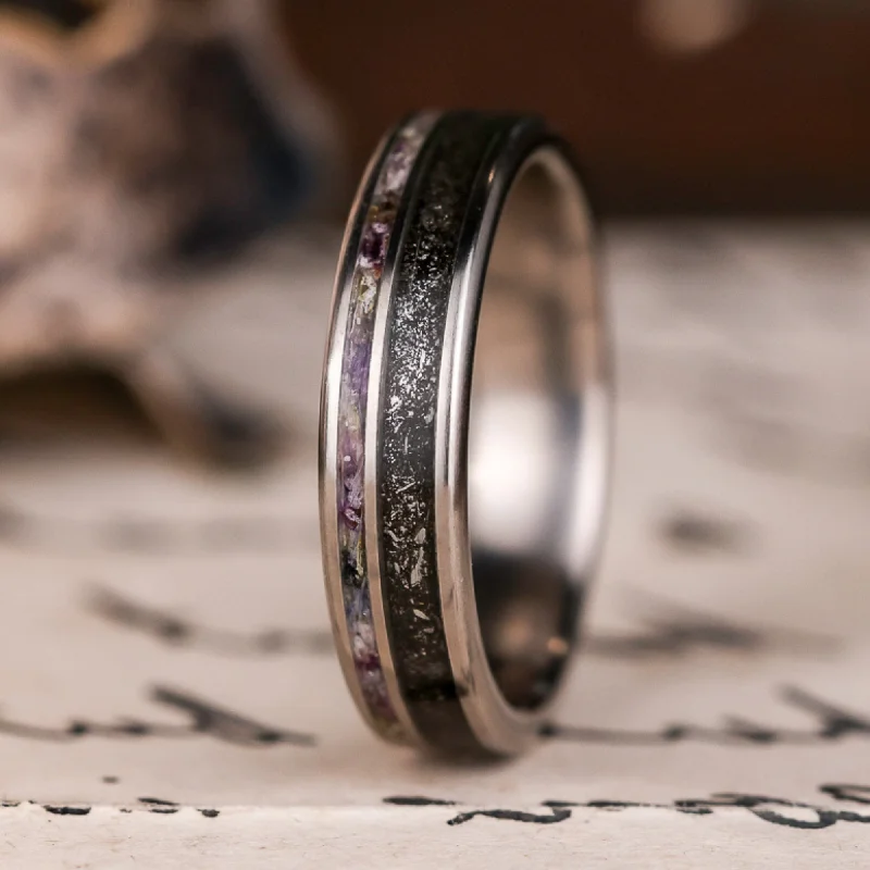 (In-Stock) Custom Men's Titanium Wedding Band with Meteorite Dust & Flower Inlays - Size 8.5 | 5mm Wide