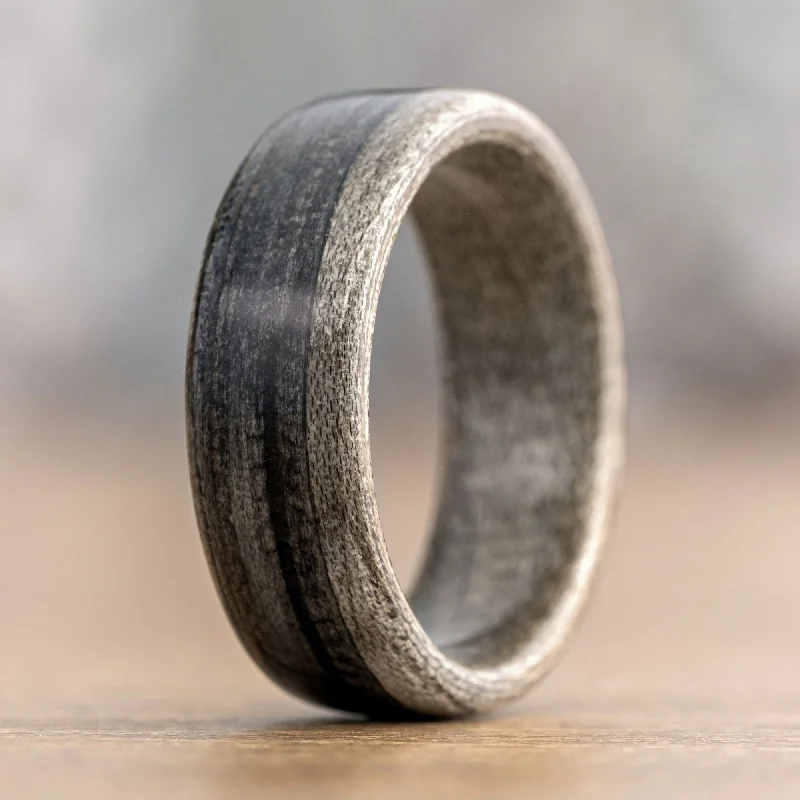 (In-Stock) Custom Men's Black Whiskey Barrel Wood Ring with Weathered Maple Liner & Offset Inlay - Size 10.25 | 8mm Wide