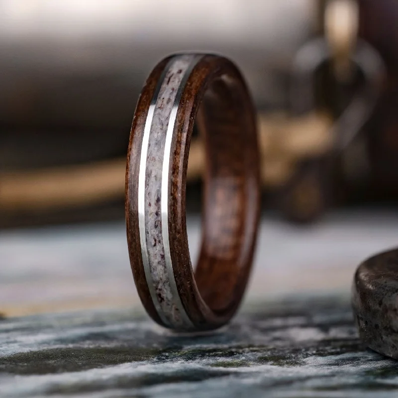 (In-Stock) The Stag | Men's Antique Walnut Wood & Elk Antler Wedding Band with Dual Sterling Silver Inlays - Size 8 | 5mm Wide