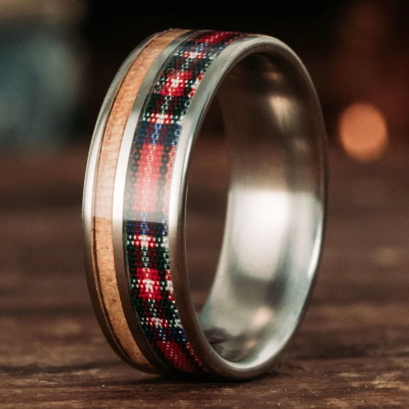 (In-Stock) The Celtic - Stewart Royal | Men's Titanium Wedding Band with Whiskey Barrel & Tartan - Size 11.25 | 8mm Wide