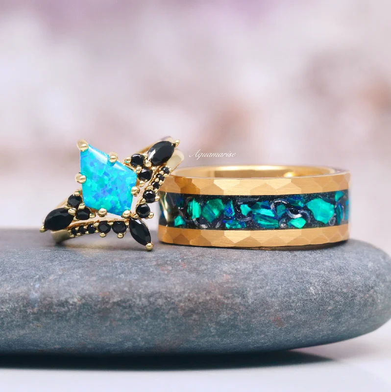 Skye Kite™  Blue Fire Opal, Meteorite & Starry Night Couples Ring