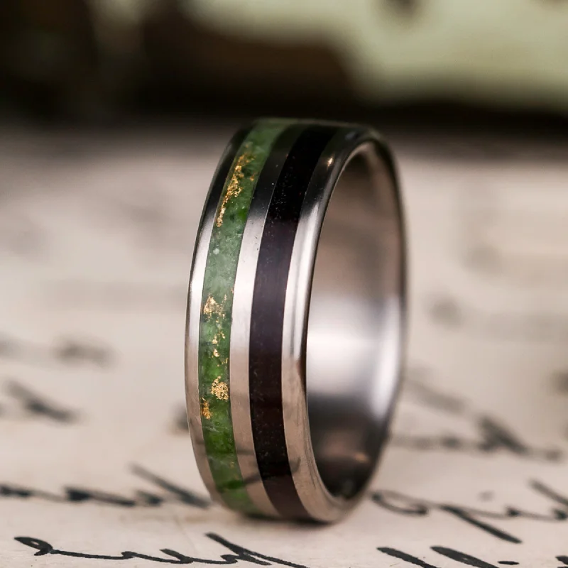 (In-Stock) Custom Titanium Ring with Rosewood and Green Imperial Diopside with Gold Flakes - Size 8.75 | 7mm Wide